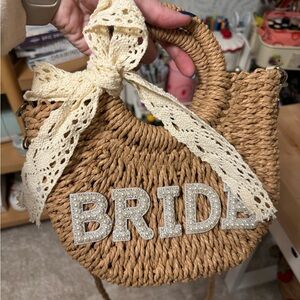 Beach bachelorette  Bride Straw Bag with Lace Bow self standing crossbody strap